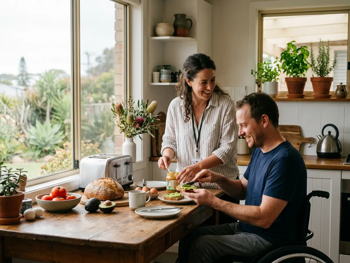 Support worker assisting an NDIS Participant with preparing breakfast in a Central Coast home kitchen