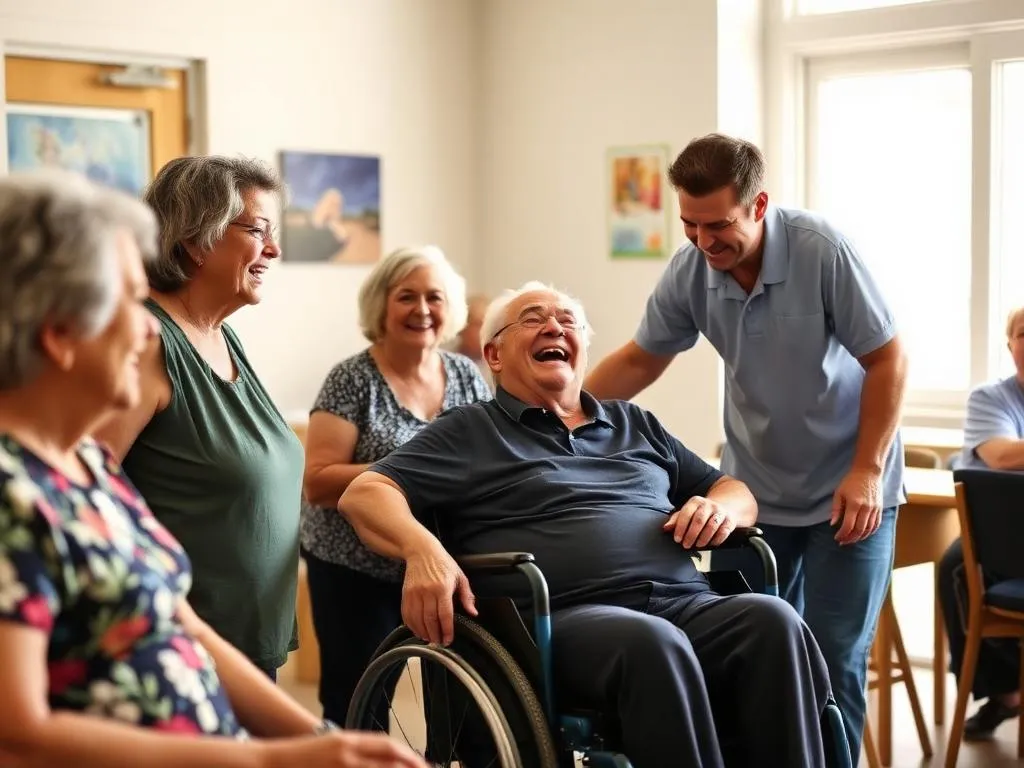 Group of adults, including a man in a wheelchair, laughing together at a Central Coast community centre