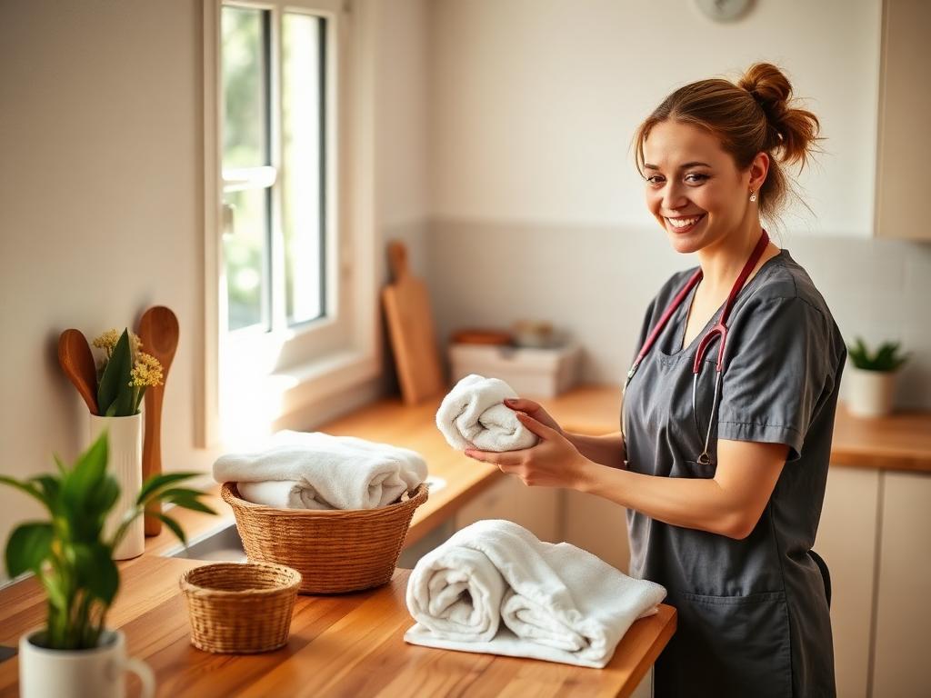 Support worker folding fresh towels at the kitchen bench of a Central Coast home