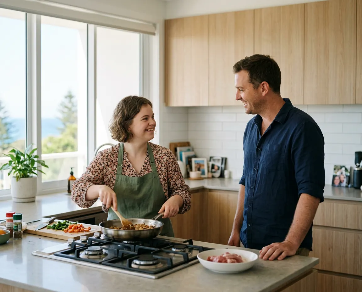 Young woman cooking at her own kitchen stove while her support worker chats with her nearby in a bright apartment