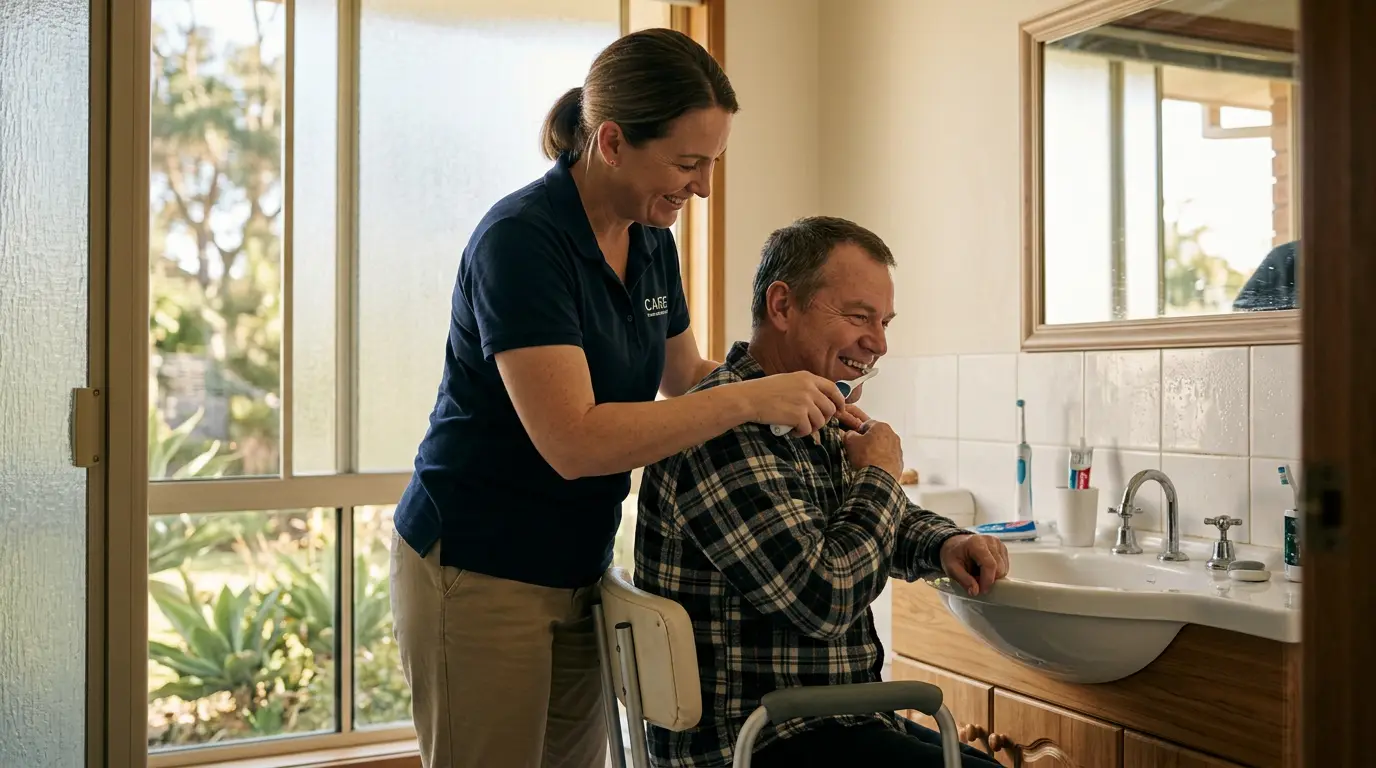 Support worker assisting an NDIS Participant with his morning grooming routine at the bathroom sink of a Central Coast home