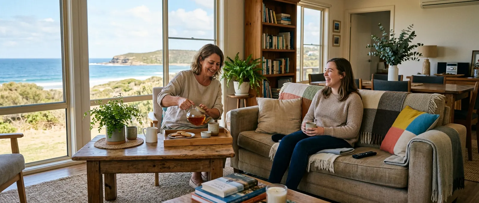 Support worker pouring tea for a young woman relaxing on the sofa of a coastal short-stay home on the Central Coast