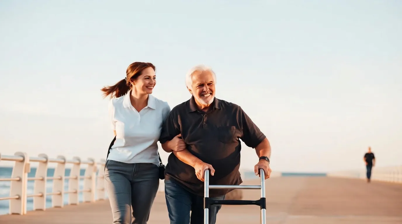 Support worker walking and chatting with an older man using a walking frame along a sunny Central Coast promenade