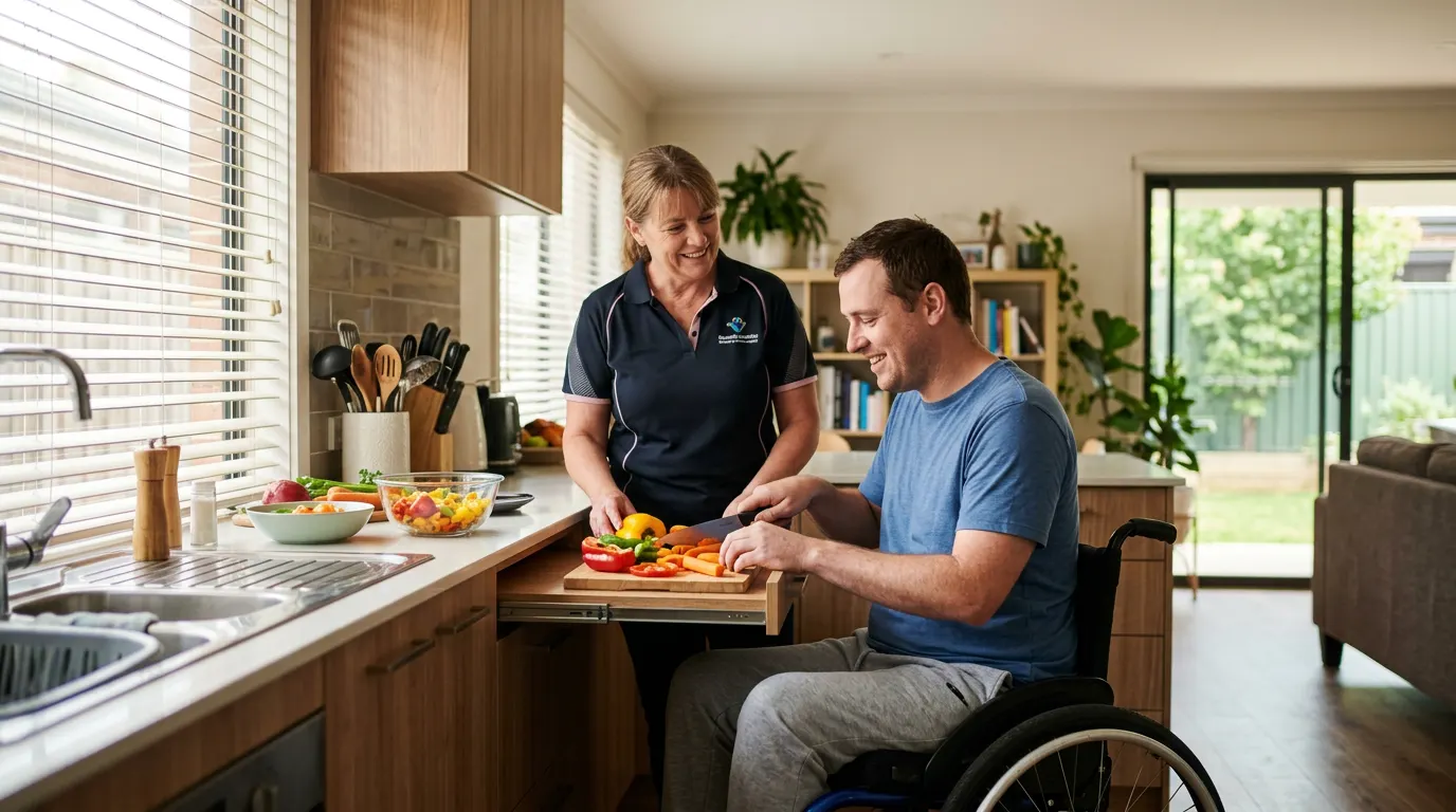 Man in a wheelchair preparing vegetables at an accessible kitchen bench with a support worker beside him in a shared home